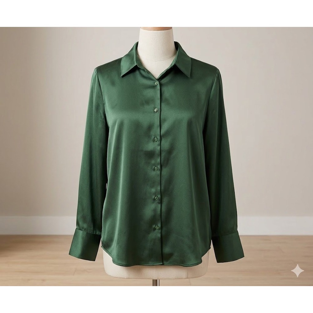 Beautiful by Lawrence Zarian Forest Green Satin Button Down Blouse XL *damaged*